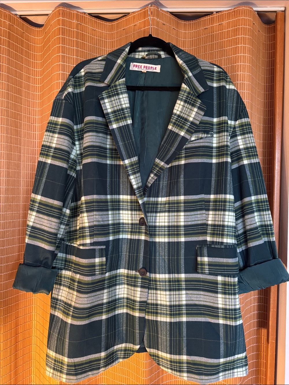Free People Oversized Dark Green and Cream Plaid Blazer